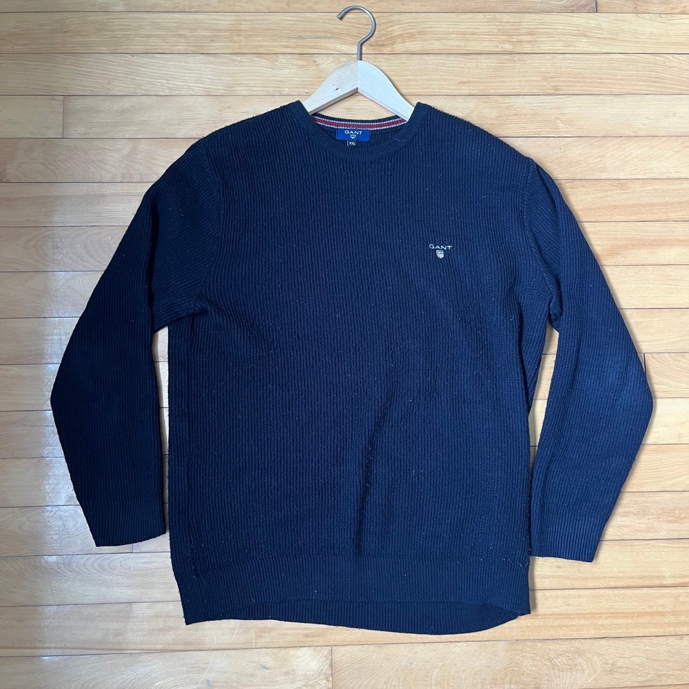 Gant Mens Navy Blue Ribbed Knit Crew Neck Pullover Sweater XXL Logo Shield